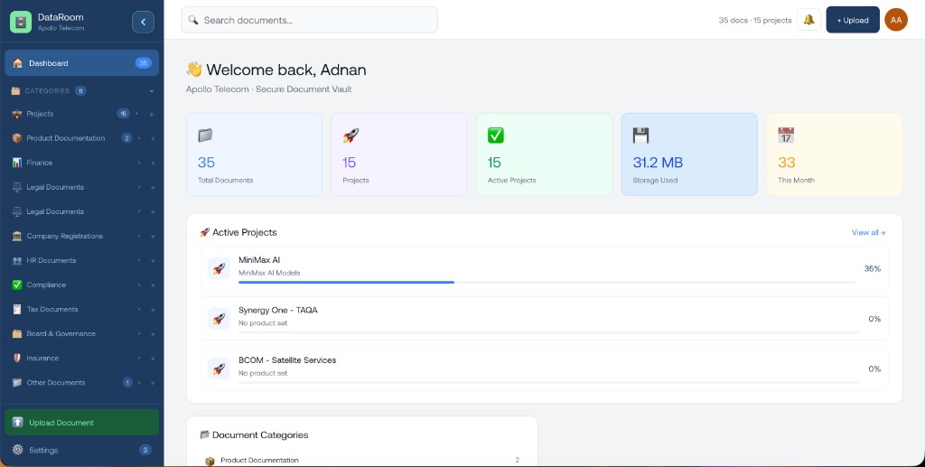 Marvel Vault dashboard with document statistics and active projects