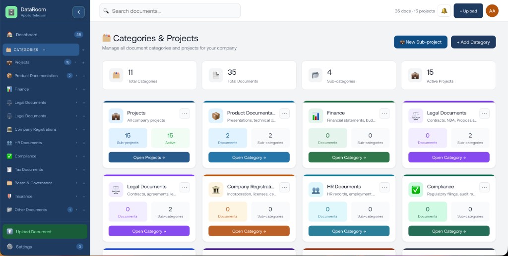 Marvel Vault categories and projects management view