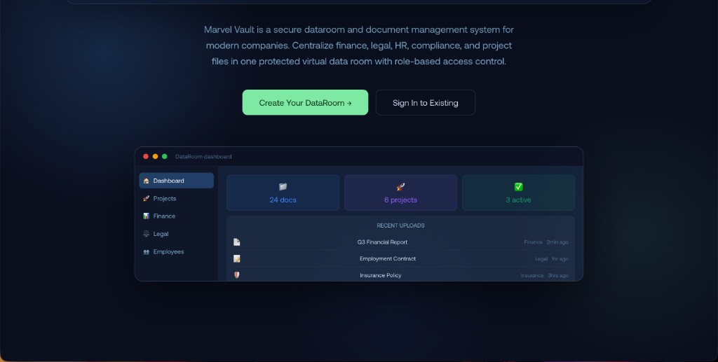 Marvel Vault secure data vault and e-office landing page